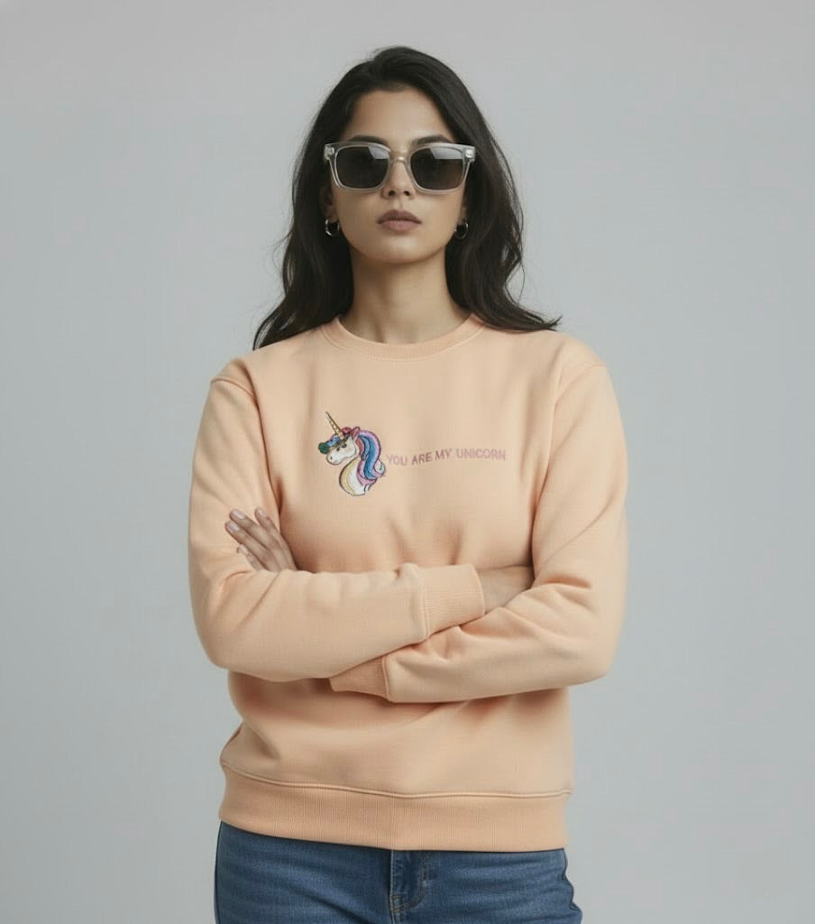 Peachy Pink Unicorn Embroidered Sweatshirt – Nun Tuck Fleece 50/50 | 280 GSM Premium Winter Wear