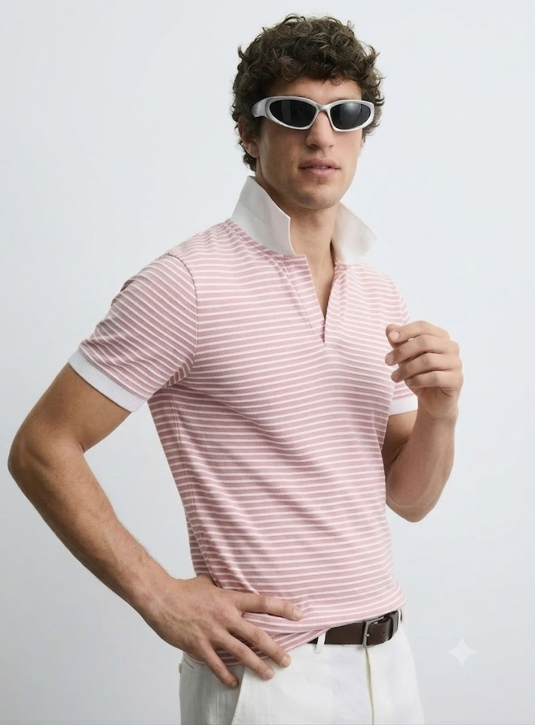 Pink Striped Johnny Collar Polo