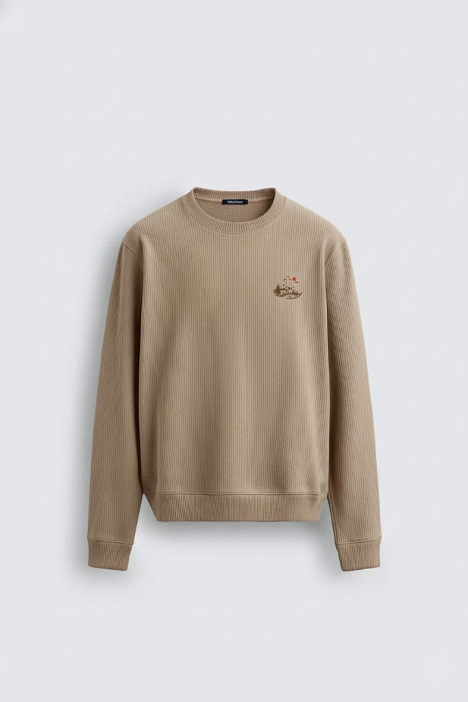 Light Brown Waffle Knit 220 GSM Sweatshirt – Evening Mountain Valley Embroidery | Unisex