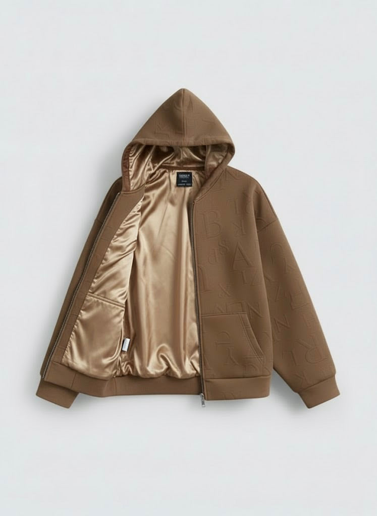 Dark Brown Embossed Zipper Hoodie with Lining & YKK Zip – Premium Winter Wear