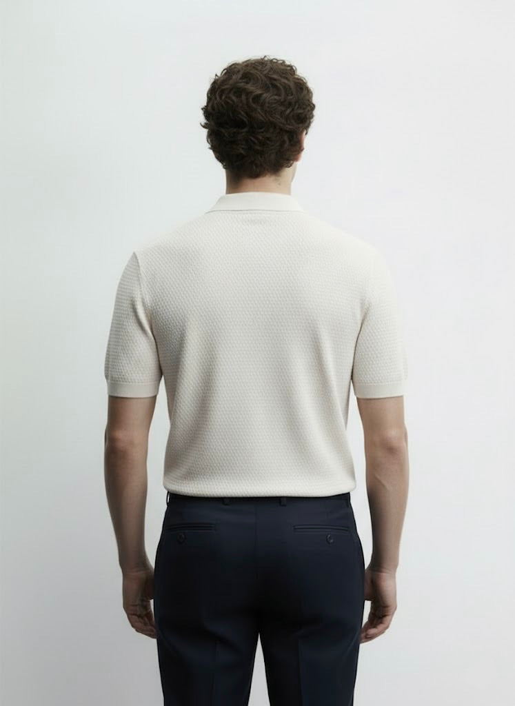 Popcorn Textured Light Beige Zipper Polo