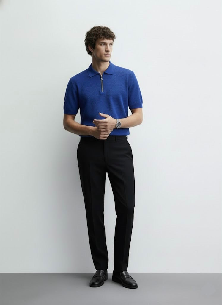 Popcorn Textured Royal Blue Zipper Polo