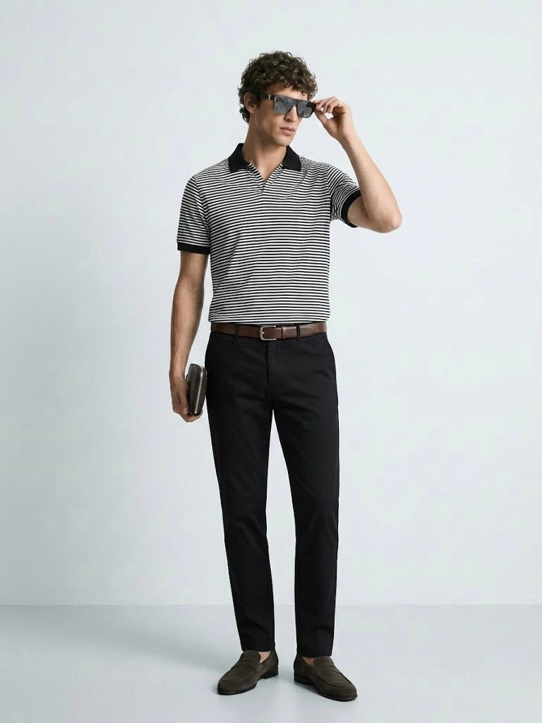 Black Striped Johnny Collar Polo
