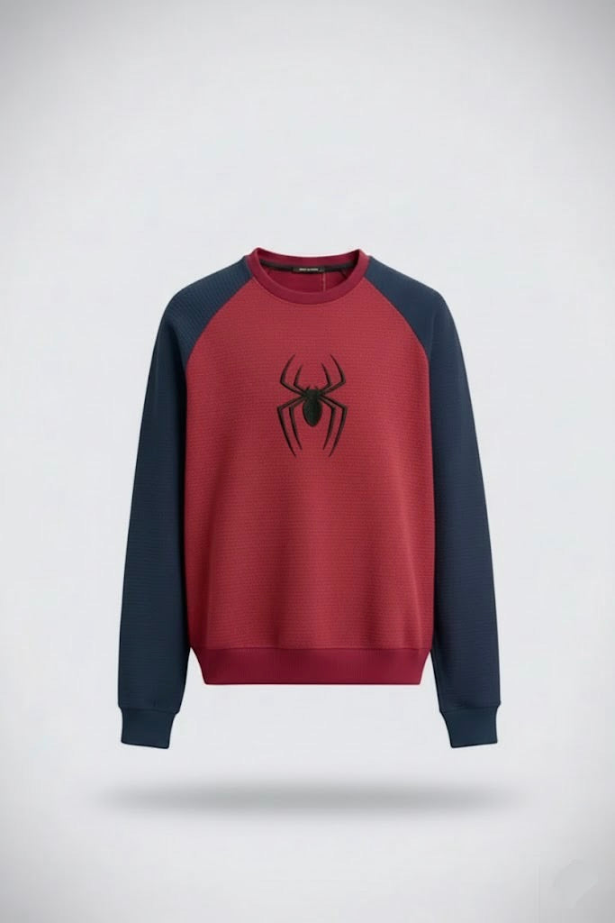 Maroon Ottoman Reglan Textured Sweatshirt – Spider Man Embroidery | 250 GSM Unisex
