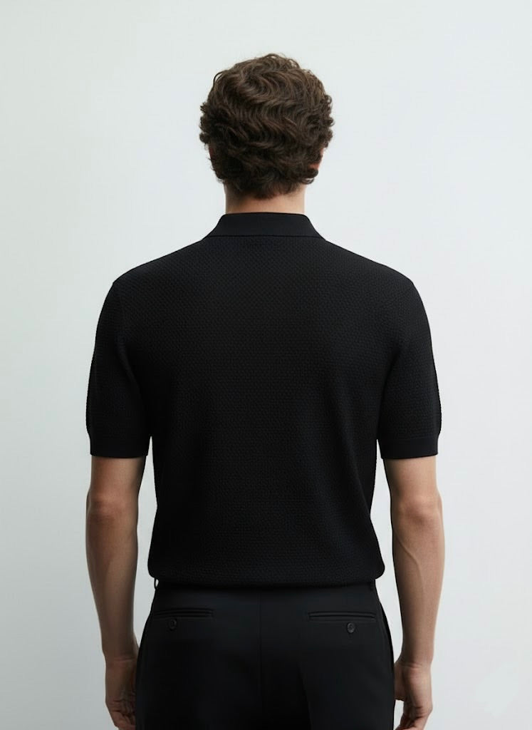 Popcorn Textured Black Zipper Polo