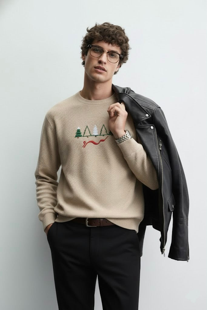 Light Brown Waffle Textured Sweatshirt – Tree Embroidery with “Sard” Urdu Text | 220 GSM Unisex