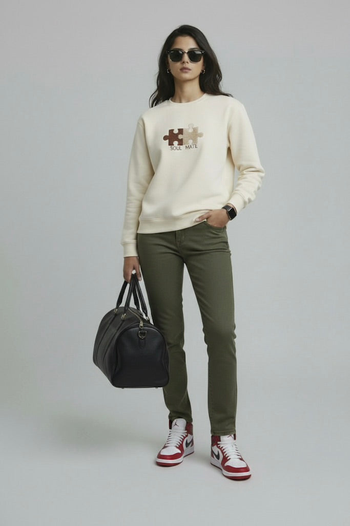 Powder Beige Nun Tuck Fleece Sweatshirt – Puzzle Piece Embroidery with “Soul Mate” | 280 GSM Unisex