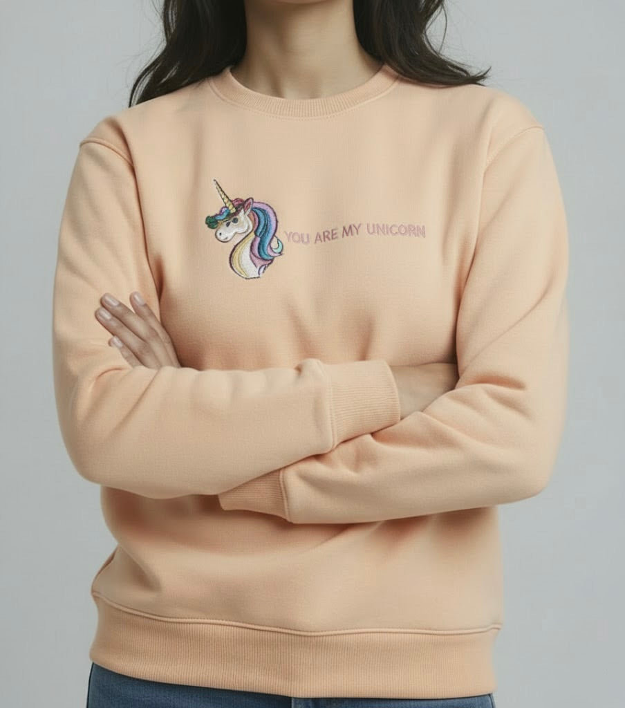 Peachy Pink Unicorn Embroidered Sweatshirt – Nun Tuck Fleece 50/50 | 280 GSM Premium Winter Wear