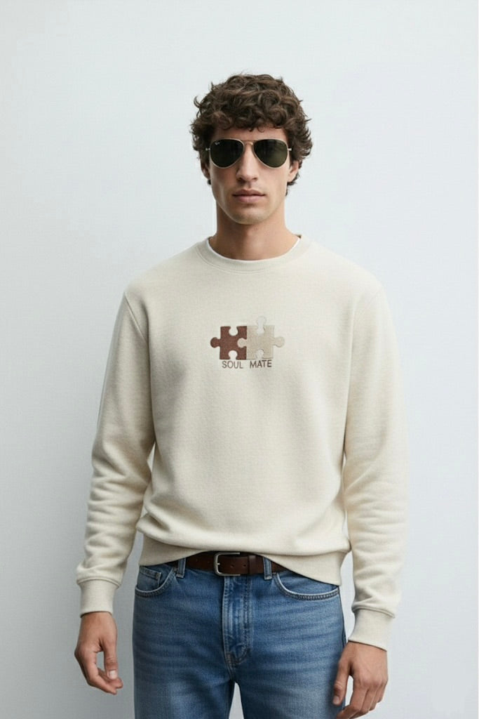 Powder Beige Nun Tuck Fleece Sweatshirt – Puzzle Piece Embroidery with “Soul Mate” | 280 GSM Unisex