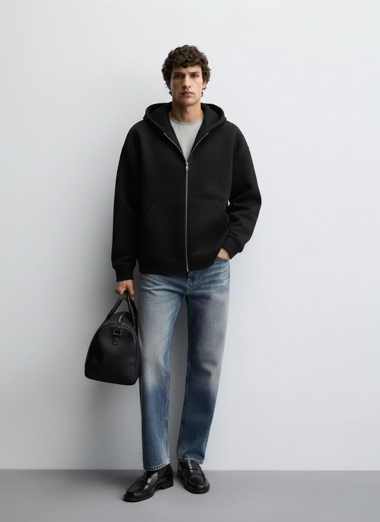 Black Embossed Zipper Hoodie with Lining & YKK Zip – Premium Winter Wear