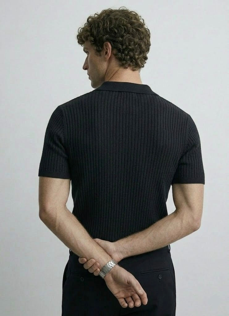 Drop Needle Black V-Neck Polo