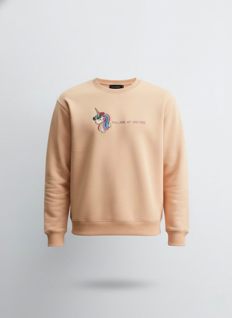 Peachy Pink Unicorn Embroidered Sweatshirt – Nun Tuck Fleece 50/50 | 280 GSM Premium Winter Wear