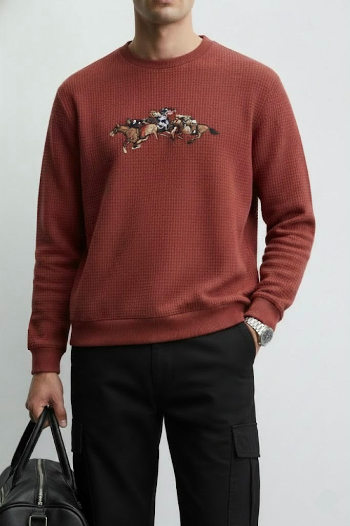 Maroon Ottoman Textured Sweatshirt – 3 Polo Horses Embroidery with “Brilliance” | 250 GSM Unisex