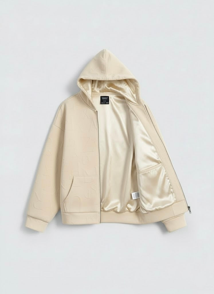 Off-White Embossed Zipper Hoodie with Lining & YKK Zip – Premium Winter Wear
