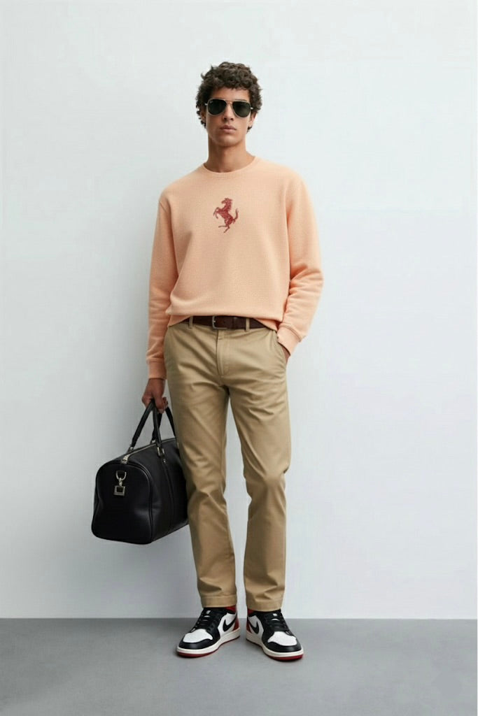 Peachy Pink Nun Tuck Fleece Sweatshirt – Premium Horse Embroidery | 280 GSM Unisex