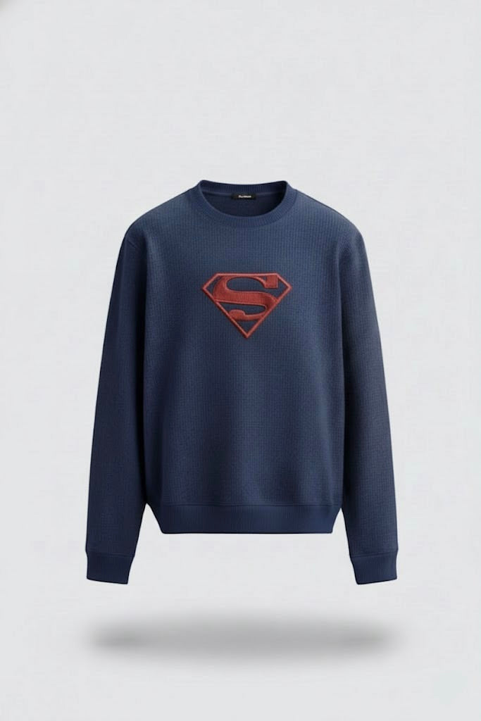 Navy Blue Ottoman Textured Sweatshirt – Super Man Embroidery | 250 GSM Unisex