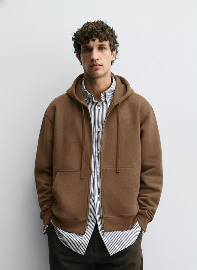 Dark Brown Embossed Zipper Hoodie with Lining & YKK Zip – Premium Winter Wear