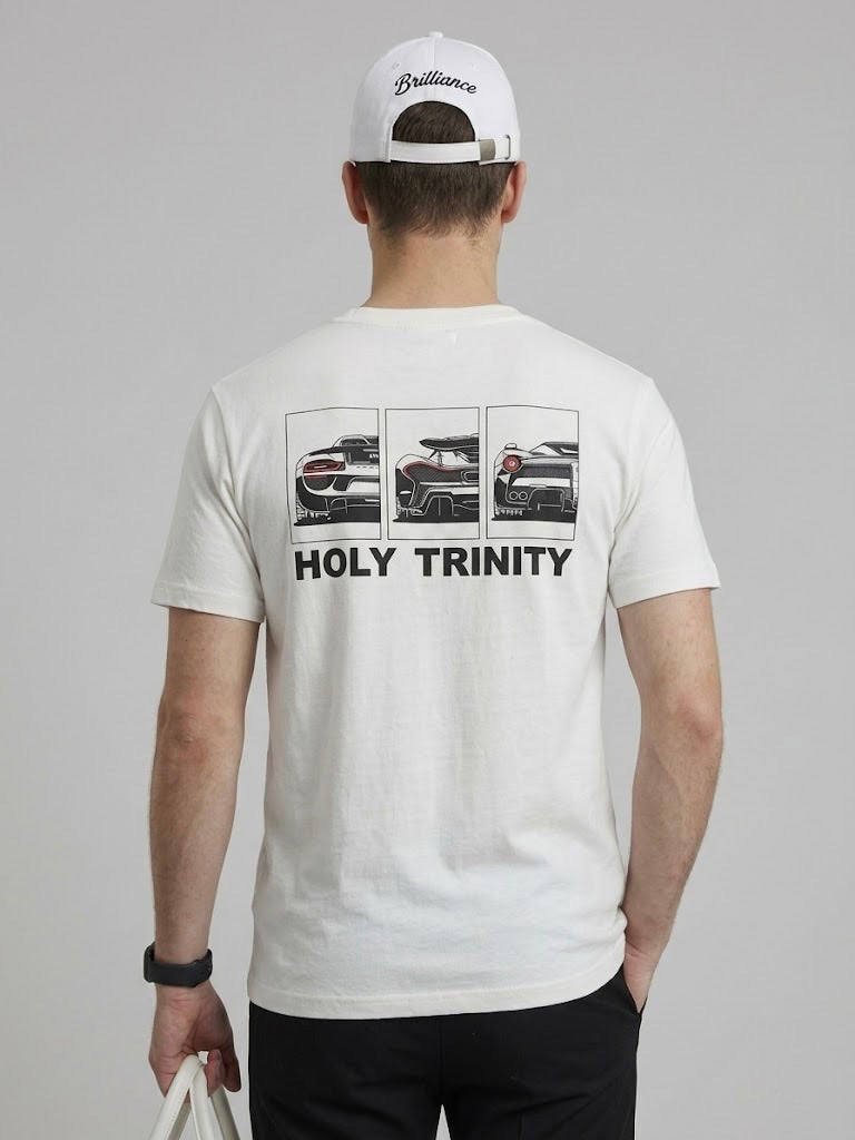 Regular Fit Off-White Tee – Holy Trinity Embroidery | Supercar Back Print