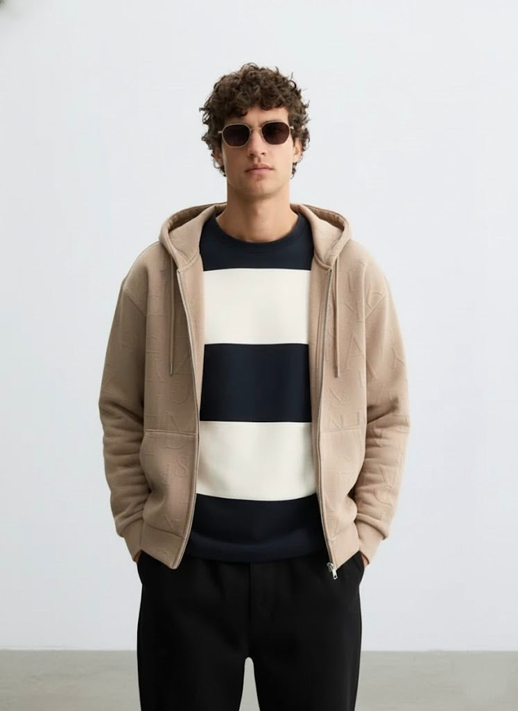 Beige Embossed Zipper Hoodie with Lining & YKK Zip – Premium Winter Wear