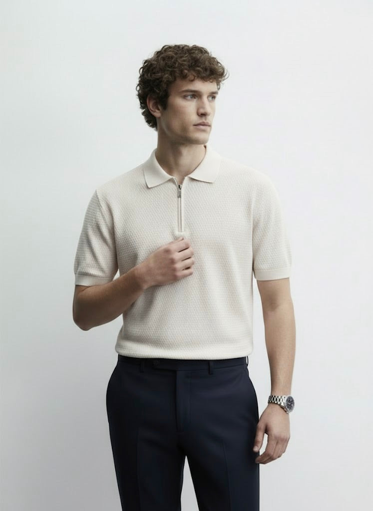 Popcorn Textured Light Beige Zipper Polo