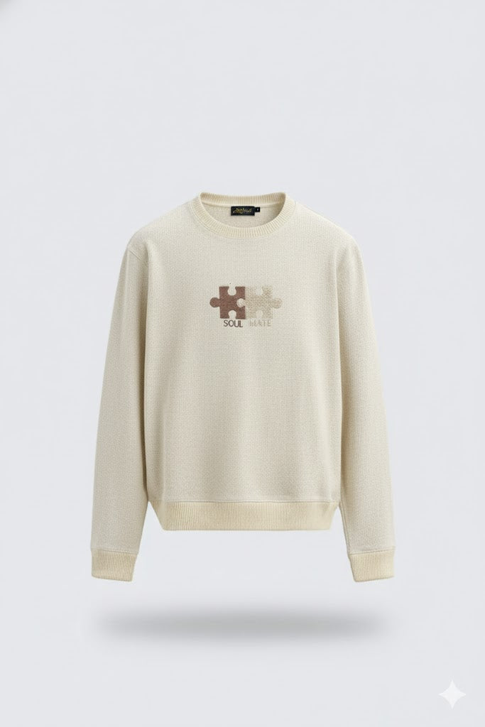Powder Beige Nun Tuck Fleece Sweatshirt – Puzzle Piece Embroidery with “Soul Mate” | 280 GSM Unisex