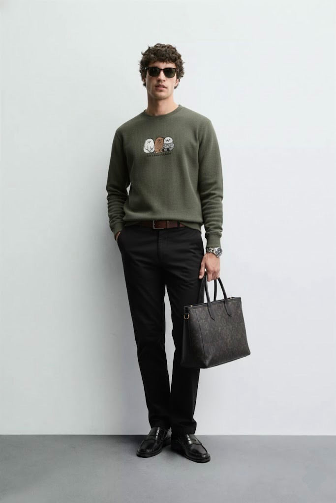 Olive Green Waffle Sweatshirt – 3 Bears Embroidery | 250 GSM Unisex Winter Wear