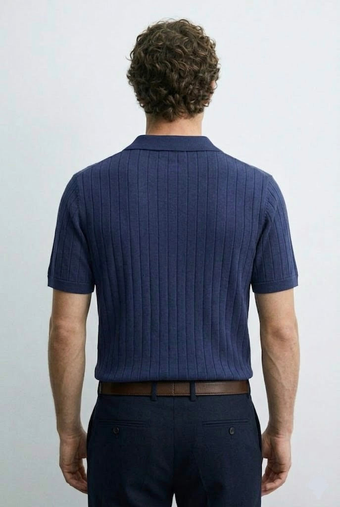 Drop Needle Navy V-Neck Polo