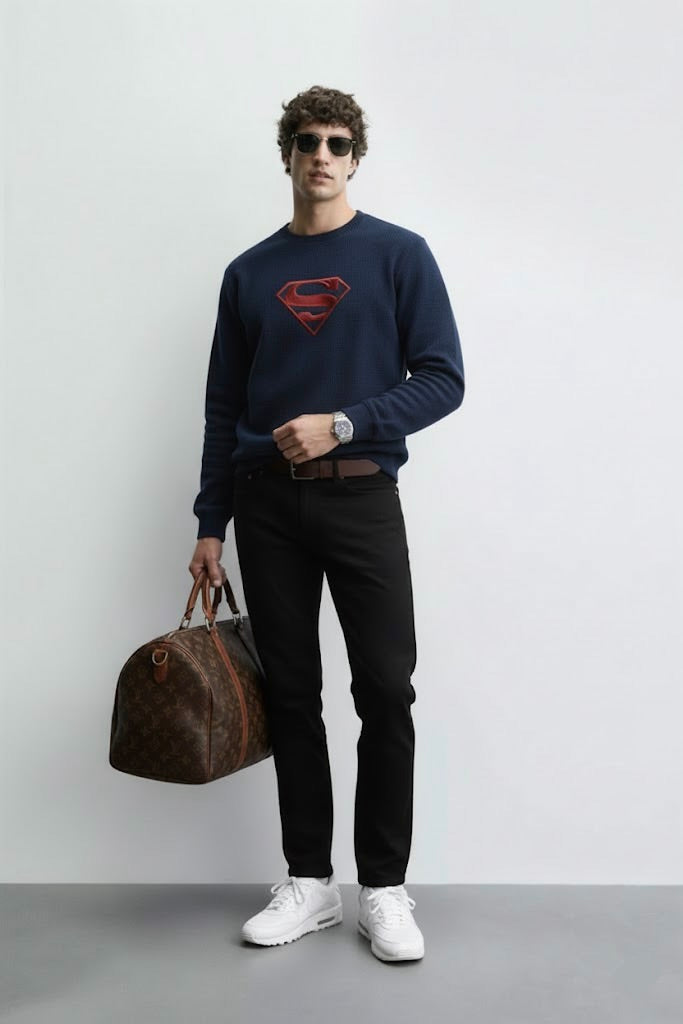 Navy Blue Ottoman Textured Sweatshirt – Super Man Embroidery | 250 GSM Unisex
