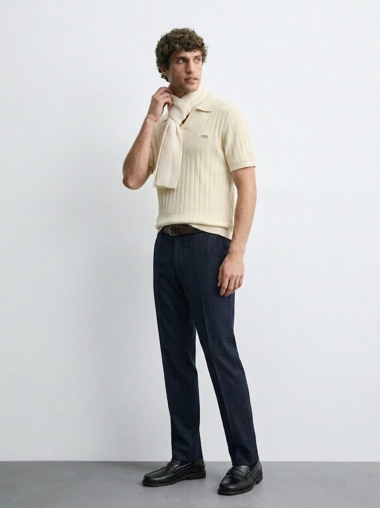 Drop Needle Bleach Sand V-Neck Polo