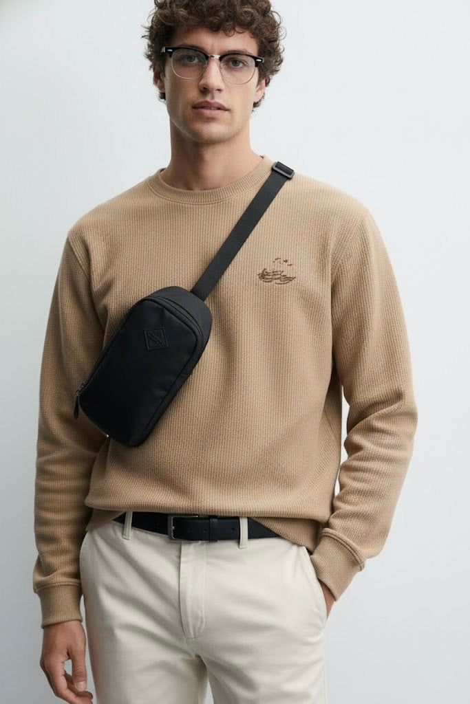 Light Brown Waffle Knit 220 GSM Sweatshirt – Evening Mountain Valley Embroidery | Unisex