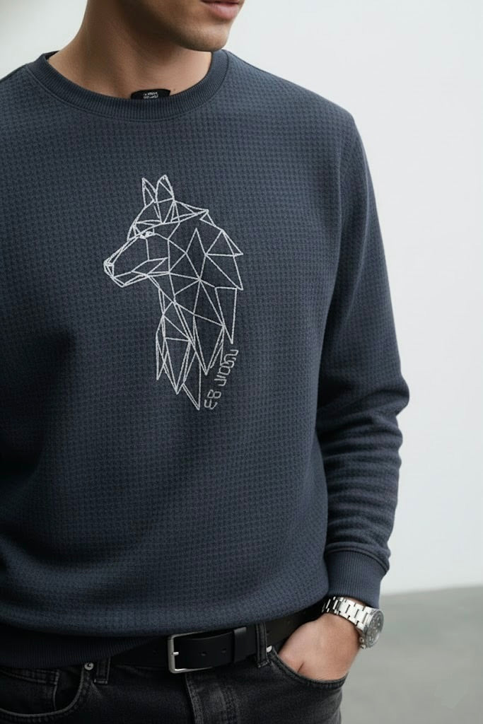 Navy Blue Ottoman Textured Sweatshirt – Wolf Embroidery | 250 GSM Premium Ottoman | ALPHA Edition (Unisex)