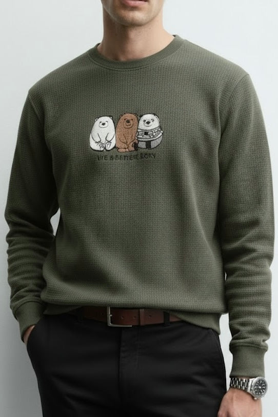 Olive Green Waffle Sweatshirt – 3 Bears Embroidery | 250 GSM Unisex Winter Wear