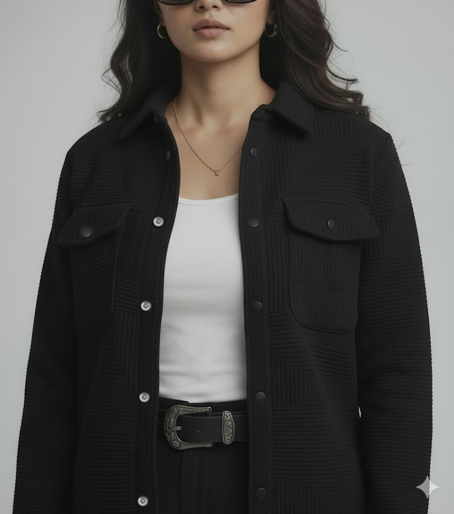 Textured Black Knitted Jacquard Overshirt