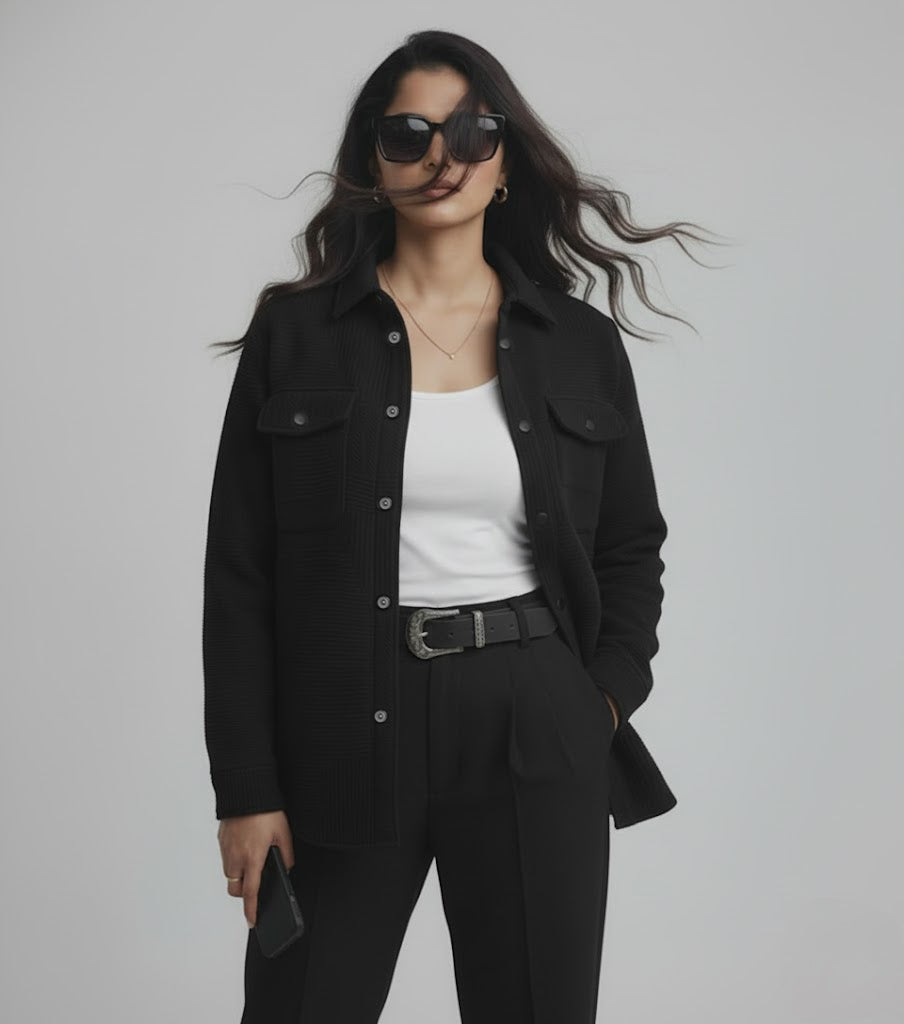 Textured Black Knitted Jacquard Overshirt