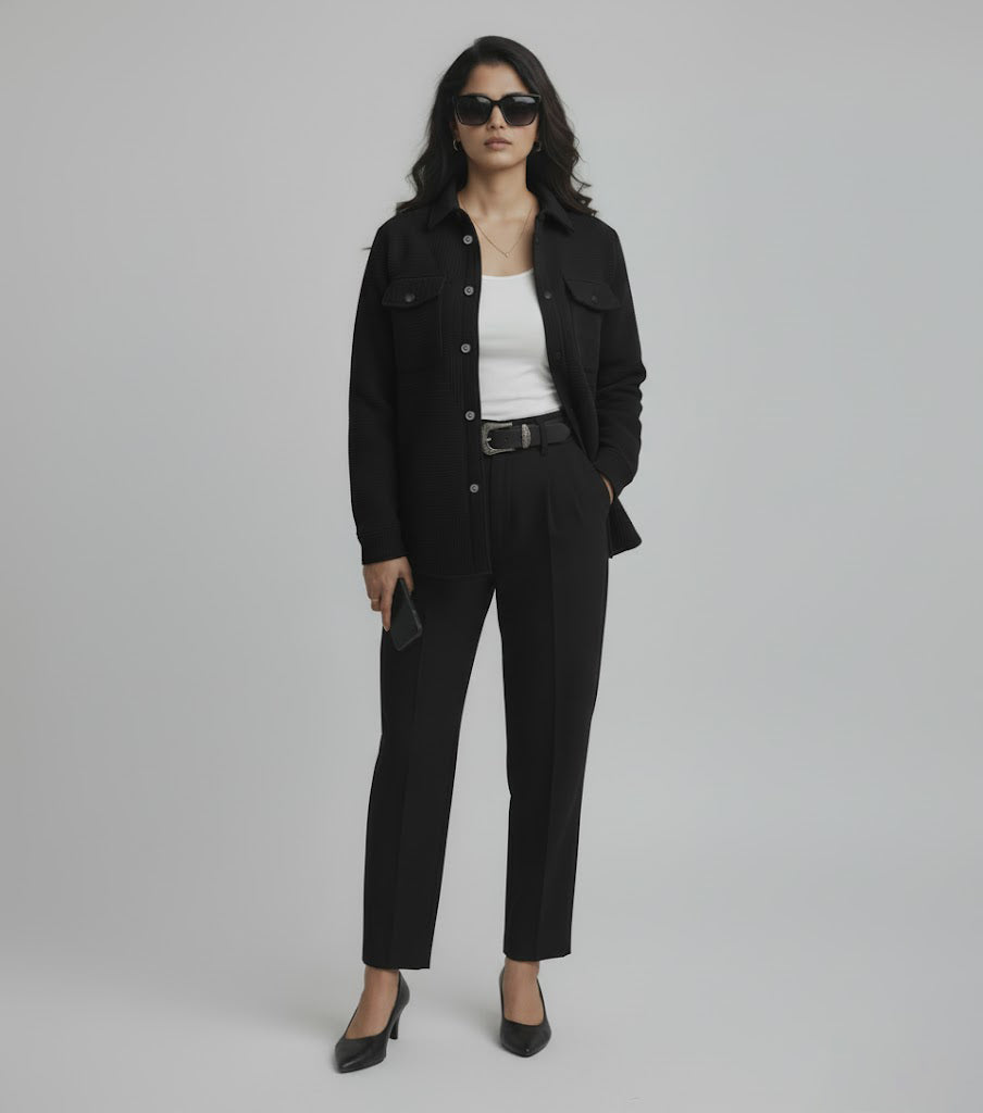 Textured Black Knitted Jacquard Overshirt