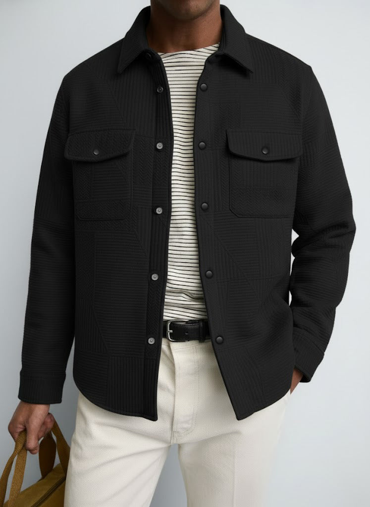 Textured Black Knitted Jacquard Overshirt – Imported Fabric & Metallic Buttons