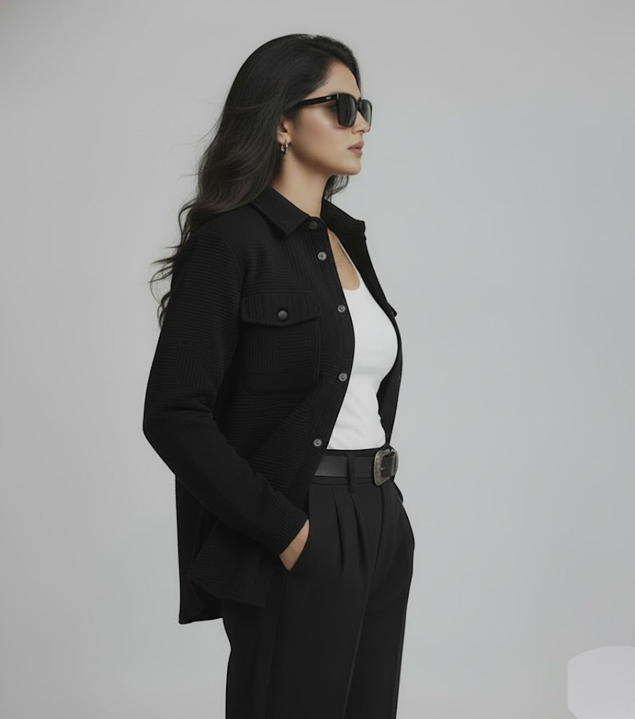 Textured Black Knitted Jacquard Overshirt