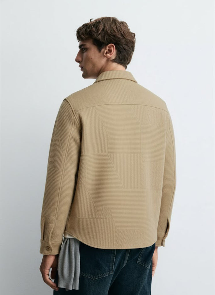 Textured Light Brown Knitted Jacquard Overshirt – Imported Fabric with Metallic Buttons