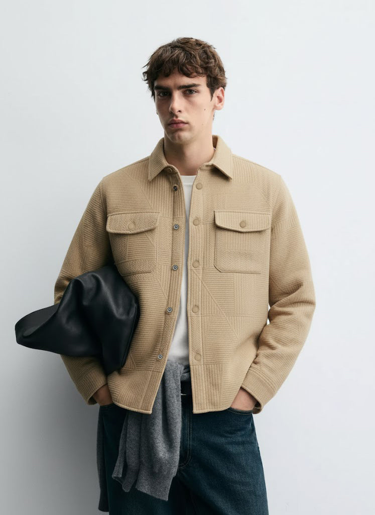 Textured Light Brown Knitted Jacquard Overshirt – Imported Fabric with Metallic Buttons