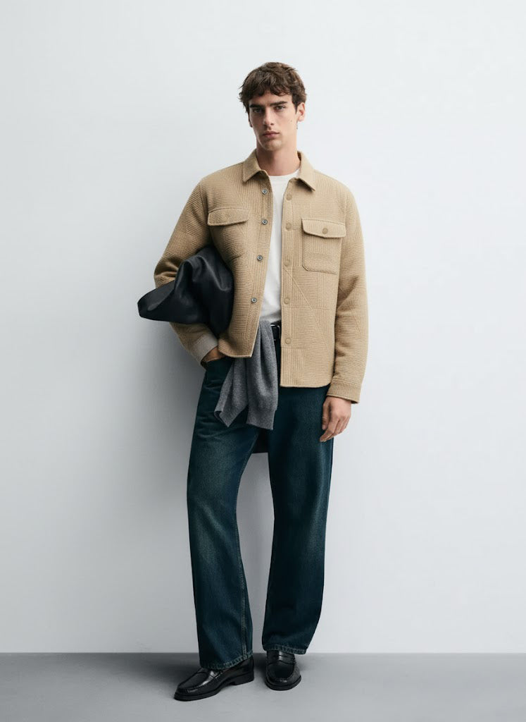 Textured Light Brown Knitted Jacquard Overshirt – Imported Fabric with Metallic Buttons