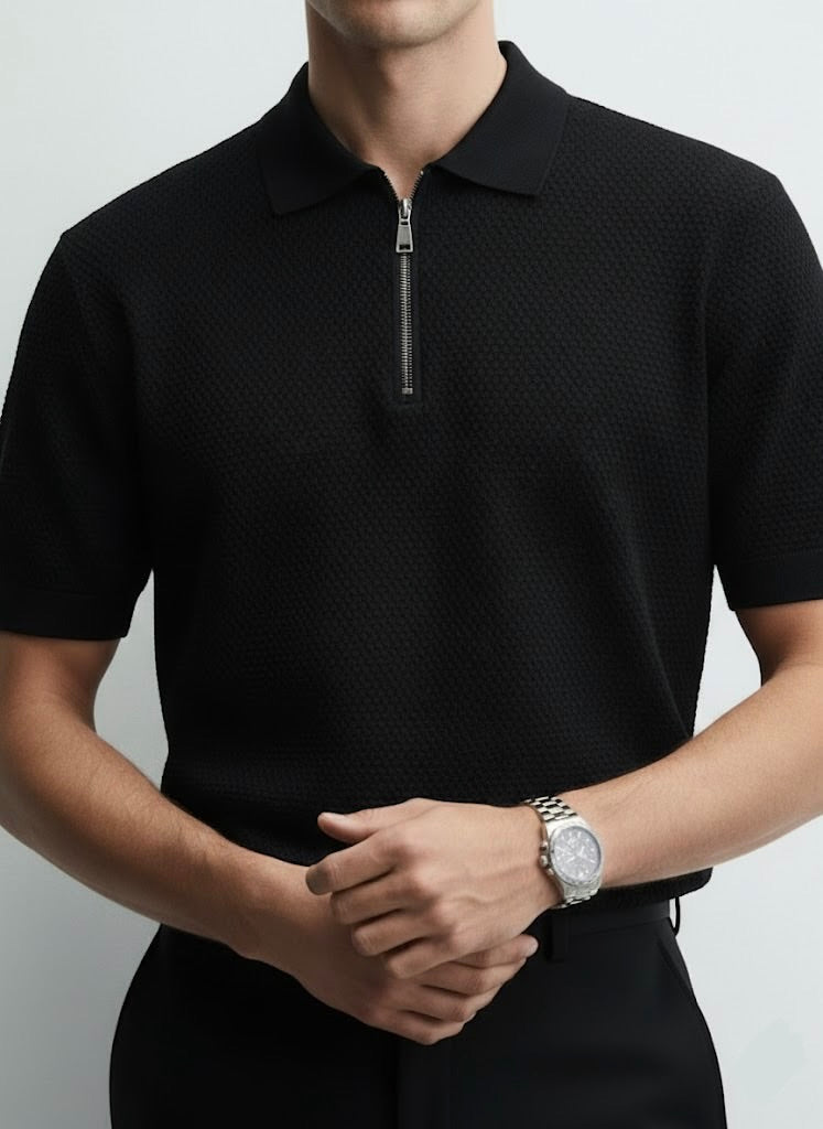Popcorn Textured Black Zipper Polo