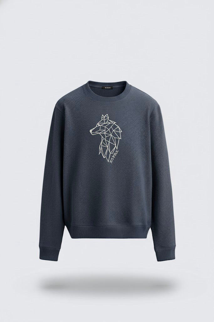 Navy Blue Ottoman Textured Sweatshirt – Wolf Embroidery | 250 GSM Premium Ottoman | ALPHA Edition (Unisex)