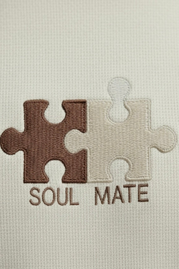 Powder Beige Nun Tuck Fleece Sweatshirt – Puzzle Piece Embroidery with “Soul Mate” | 280 GSM Unisex