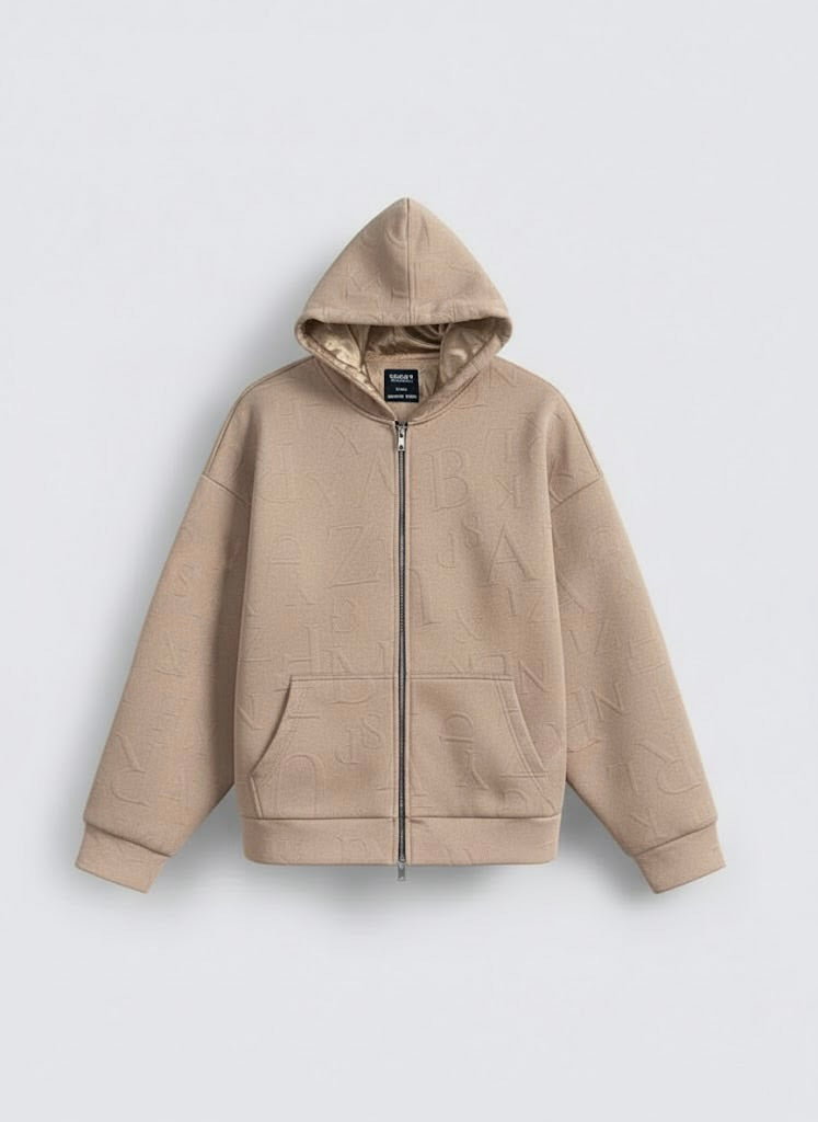 Beige Embossed Zipper Hoodie with Lining & YKK Zip – Premium Winter Wear