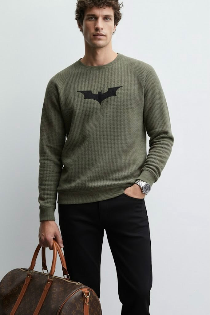 Olive Green Waffle Textured Sweatshirt – Batman Embroidery | 250 GSM Unisex