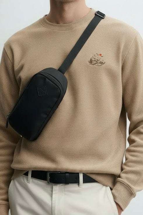 Light Brown Waffle Knit 220 GSM Sweatshirt – Evening Mountain Valley Embroidery | Unisex