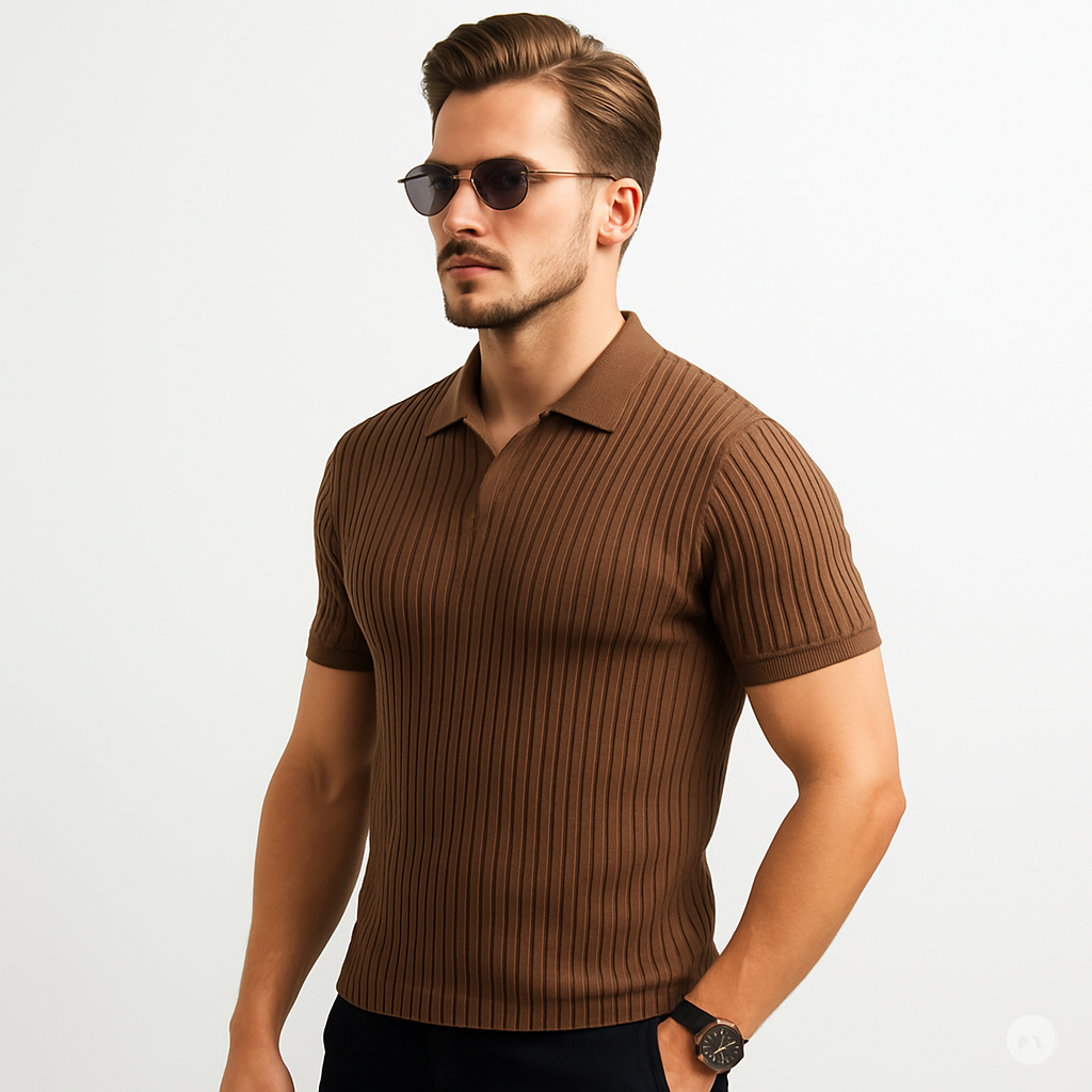 Mocha Mousse Johny Collar Polo  Drop Needle Texture | Soft Stretch Cotton