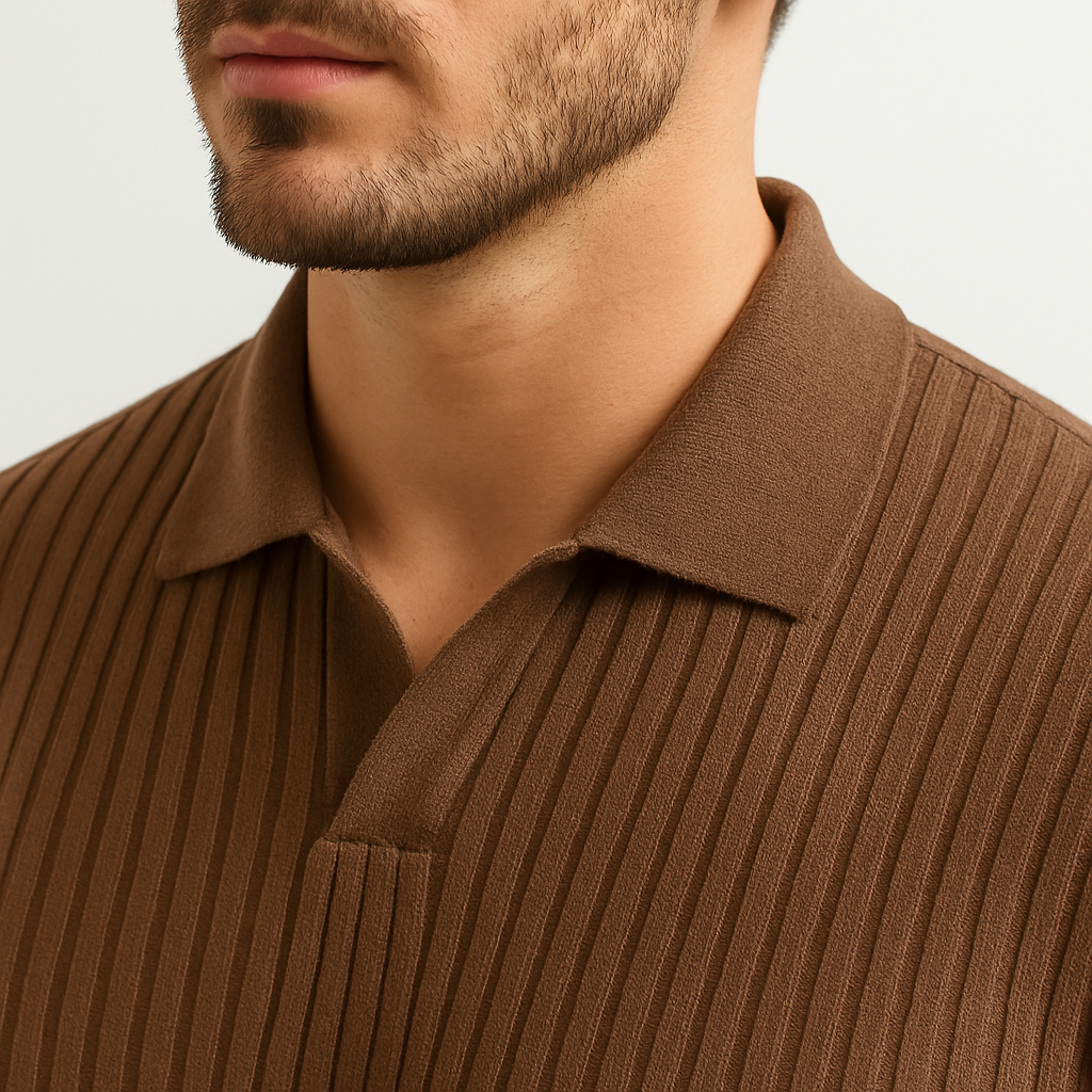 Mocha Mousse Johny Collar Polo  Drop Needle Texture | Soft Stretch Cotton