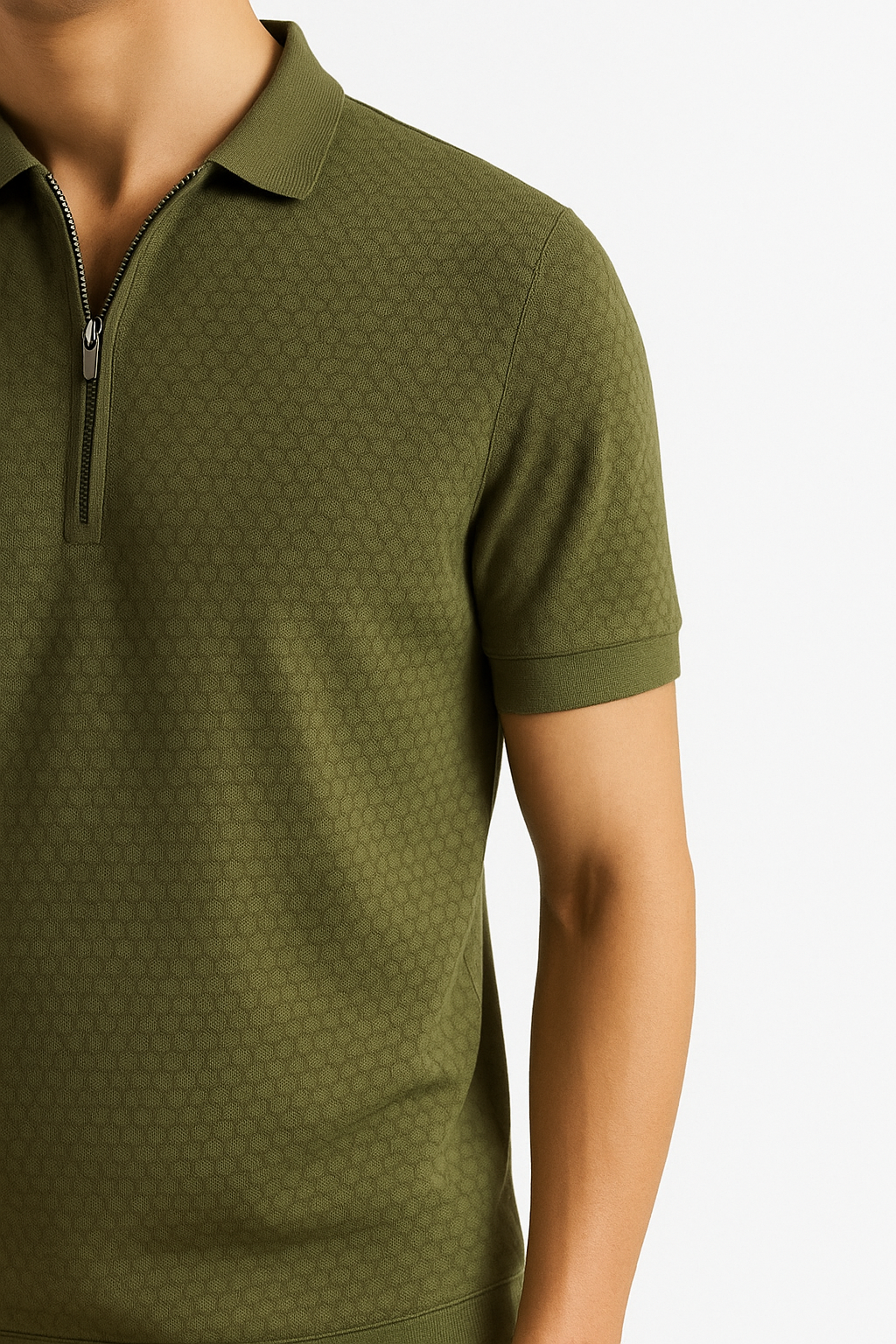 Popcorn Textured Olive Green Zipper Polo