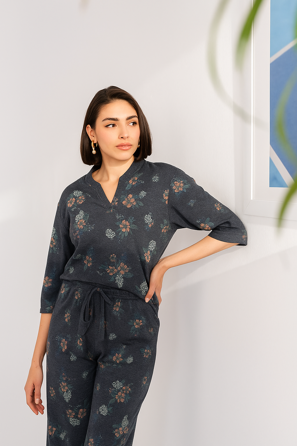 Denim Blue Flora Printed Co-ord Set